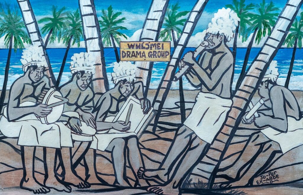 JOJO ABDALLAH. Wulcmei Drama Group. c. 2020. Acrylic and marker on card in wooden frame. 29 x 29 in. Compound House Gallery